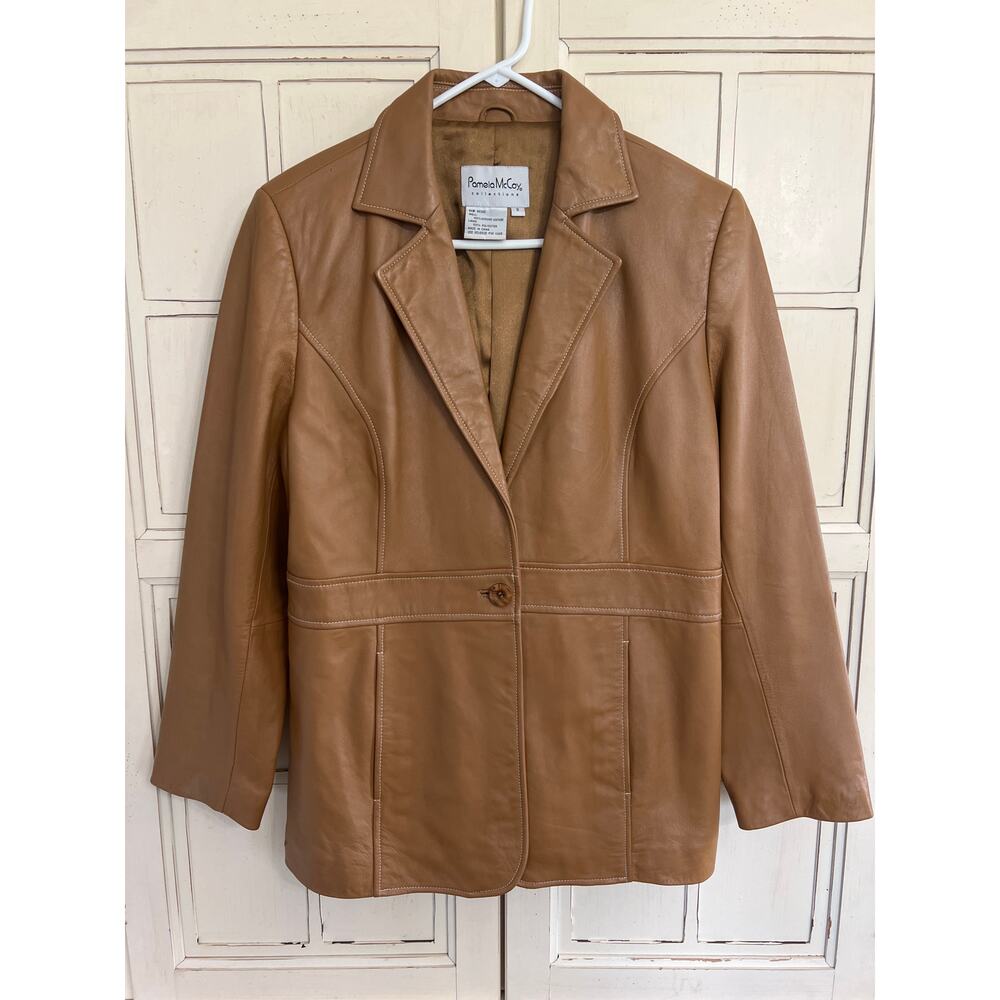 Pamela McCoy size small camel brown leather blazer jacket